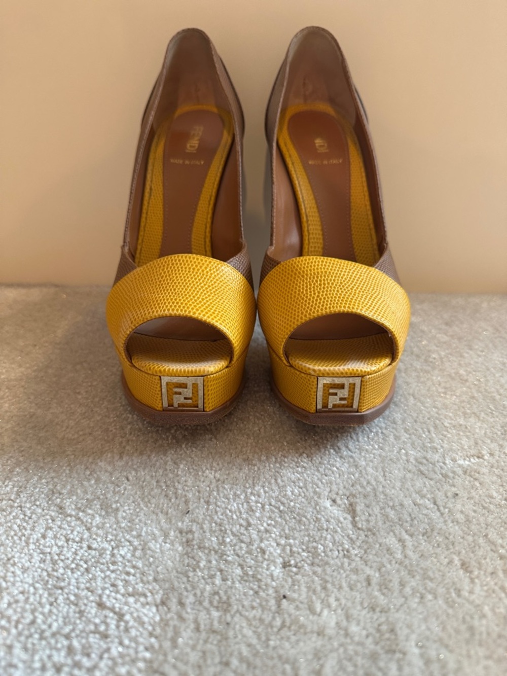 Fendi Yellow and Brown Peep-Toe Platform Pumps with Logo Accent